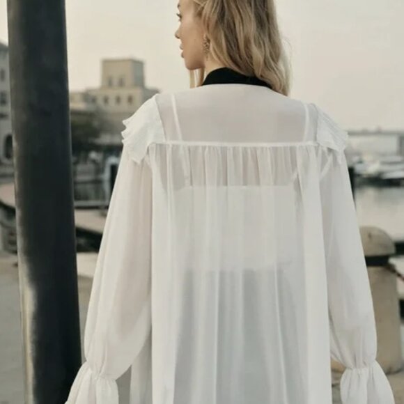 Semi-Sheer Ruffled Detail Blouse w/ Contrasting Tie | Size L | Off White - Picture 3 of 15